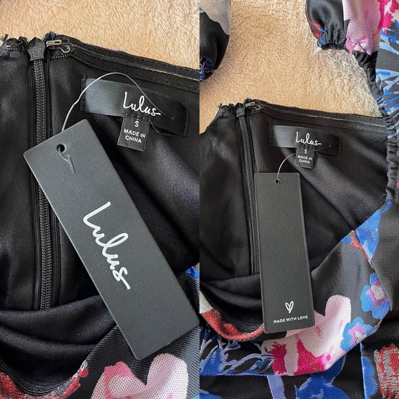 NWT Lulus So Stunning Jacquard Puff Sleeve Mini Dress S Black Multi Floral - Picture 6 of 16